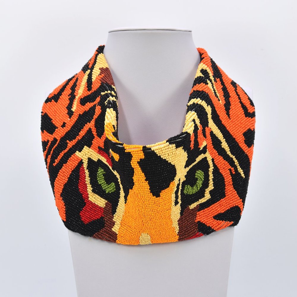 ** HANDMADE INDIA SEED BEADED TIGER PRINTED SCARF NECKLACE **